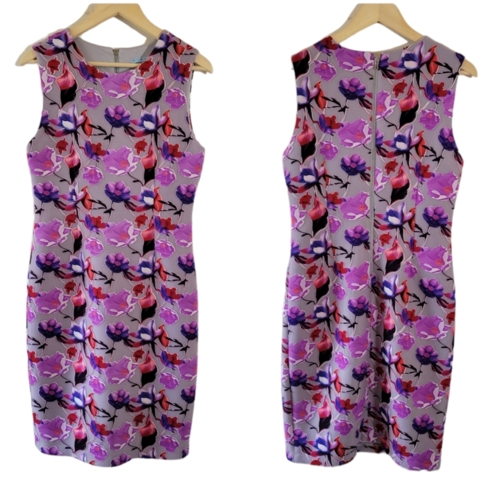 ANTONIO MELANI Purple Floral Dress Sz 8 Sleeveless Thick Jersey Knit Stretchy